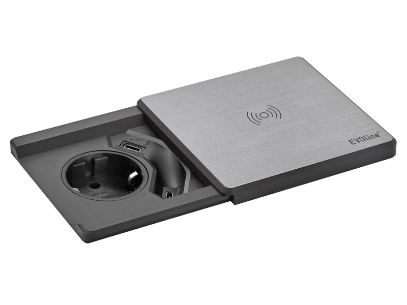 Einbausteckdose Square 80 mit Schiebedeckel und Qi Charger